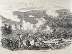 Spanje. Revolutie van 1868. Slag bij Alcolea (20 september), die culmineerde in de afzetting van Isabel II. Gravure