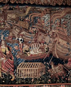 De Portugese navigator Vasco de Gama (1459-1524) kwam in 1498 aan in Calicut in India, detail, wandtapijt door Artist Unknown