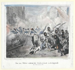 Het k. k. leger bestormt de Sternbarrikade in de Jaegerzeile op 28 oktober 1848 door Artist Unknown