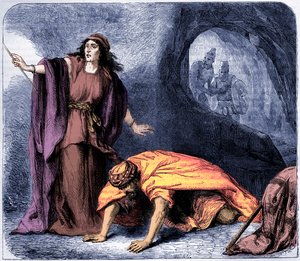 De opwekking van Samuel door de heks van Endor - Bijbel (druk) door Artist Unknown