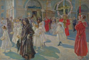 Processie van Corpus Christi op Piazza Grande in Triëst, 1908 door Arturo Fittke