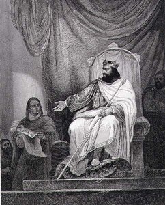 Karel de Grote (742-814) geeft het Capitulair van Herstal uit in 779, gegraveerd door Leclerc door Ary (after) Scheffer