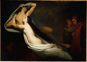 De schaduwen van Francesca da Rimini en Paolo Malatesta verschijnen voor Dante en Vergilius ... door Ary Scheffer
