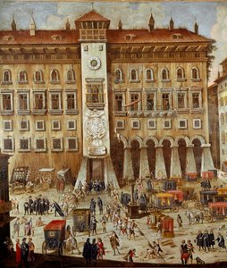 Piazza van het Vicaria Hof in Napels ten tijde van de revolutie van Masaniello. Criminelen worden berecht voor de ingang, een man hangt aan een touw (detail)
