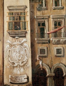 Plein van het hof van de Vicaria in Napels ten tijde van de revolutie van Masaniello - Detail van een man die voor de ingang van het paleis hangt - Schilderij door Ascanio Luciani (ca. 1621-1706) Napels, Museo Nazionale di San Martino