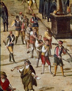 Plek van het hof van de Vicaria in Napels ten tijde van de revolutie van Masaniello Detail met een groep veroordeelden geketend aan de nek door Ascanio Luciani