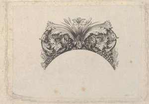 Gebogen frame-element voor bankbiljet, met acanthus- en wijnbladeren, lelie en druiven