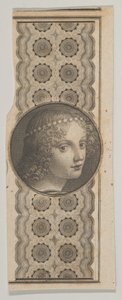 Bankbiljetmotief met een meisjeshoofd afgeleid van Leonardo da Vinci tegen een patroon, ca. 1824-37