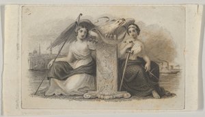 Bankbiljet vignet met vrouwelijke figuren die Vrijheid en Gerechtigheid vertegenwoordigen, ca. 1824-37