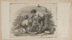 Bankbiljet vignet met drie putti als een herder, een boer en een zeeman, ca. 1824-37