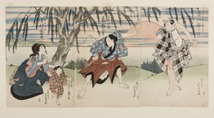 Acteurs Ichikawa Ebijūrō I als Ukisu no Iwamatsu, Arashi Kitsusaburō II als de Boer Jōsaku, Arashi Kitsuzō als Jōkichi, en Sawamura Kunitarō II als Jōsaku