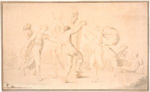Bacchanaal. Een satyr, een bacchante en drie bacchanten dansen rond Priapusbeeld door Asmus Jacob Carstens