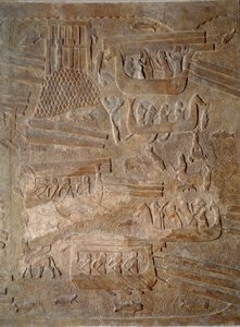 Kunst Mesopotamië (Assyrië): binnenplaats van het paleis van de koning van Assyrië Sargon II (721 - 705 v.Chr.) transport van cederhout uit Libanon. Parijs, Musee Du Louvre door Assyrian