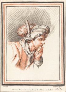 Hoofd van een man met een gevederde tulband door Atelier of Gilles Demarteau the Elder after Carle Van Loo