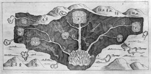 Dwarsdoorsnede van de aardkorst waarmee Athanasius Kircher de oorsprong van de thermale bronnen demonstreert door Athanasius Kircher