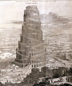 De Toren van Babel. Reconstructie door Athanasius Kircher in zijn werk Turris Babel over deze torenbouw en de geschiedenis van de vroege mensheid