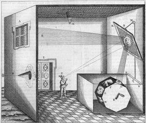 Catoptrische machine van pater Kircher - Machine waarmee een man die naar een vlakke spiegel kijkt het gezicht van een ezel, een os of een ander dier ziet - In 