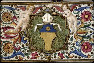 Missaal van Thomas James: detail van het wapen van de commissaris, "Or, on a chief azure a rose Or".