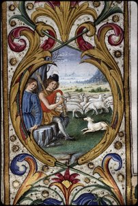 Missaal van Thomas James: detail van een randmedaillon: herders.
