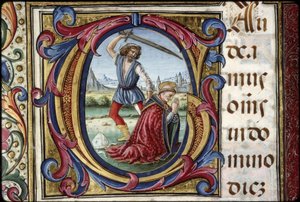 Missaal van Thomas James: detail van een opschrift G: het martelaarschap van de heilige Thomas Becket.