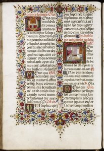 Missaal van Thomas James: pagina met twee initialen: een altaar en de inwijding van een kerk.