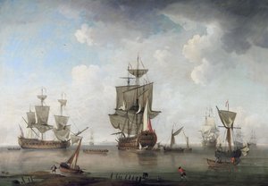 Krijgslieden in de haven door attributed to Charles Brooking