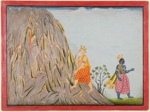 Koning Muchukunda betreedt het rijk van de berg Gandhamadana om verlossing te bereiken, uit de "Vijfde Basohli Bhagavata Purana".