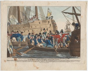Napoleon Bonaparte als gevangene van de Engelsen wordt van de Bellerophon naar Northumberland gebracht op 8