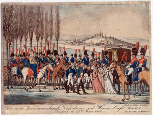 Napoleon introduceert keizerin Marie-Luise aan zijn familie buiten paviljoen bij Soissons