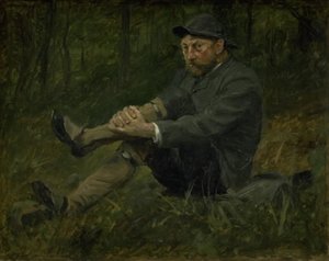 De architect Thorvald Bindesbøll in een dennenbos op Kullen door August Jerndorff