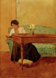 Elisabeth op groene bank, lezend