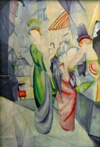 Lichte vrouwen voor de hoedenwinkel door August Macke