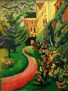 Onze tuin met bloeiende borders door August Macke
