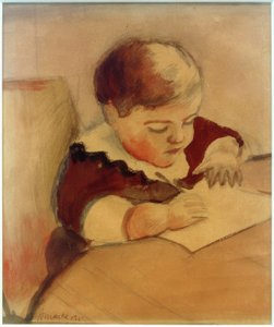Walter, schilderend aan tafel door August Macke