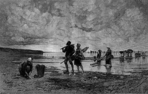 Grote vloed in het Kanaal (19e eeuw): schelpenvissers op een strand. Gravure naar het schilderij van Hagborg Auguste Wilhem Nikolaus in The Illustrous World nr. 1219 van 7 augustus