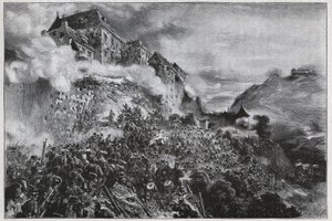 De Hongaarse Revolutie van 1848-1849: Hongaarse rebellen bestormen het Buda (Oven) Kasteel op 21 mei 1849 - naar lithografie van August von Pettenkofer door August Xaver Karl von Pettenkofen