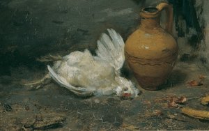Stilleven met dode kip en kruik
