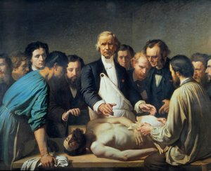 Dokter Alfred Velleau (1795-1867) bij Charity zal een autopsie uitvoeren Een dokter omringd door zijn studenten die zich voorbereiden om op een lijk in te grijpen. Schilderij door François Feyen Perrin (1826-1888). 19e eeuw. Tours, Museum voor Schone Kunst door Auguste (after) Feyen Perrin