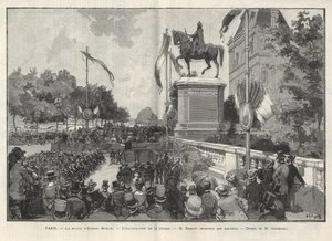 Parijs - Toespraak door Mr. Darlot tijdens de inhuldiging op 15 juli 1888 in het stadhuis van Parijs van het standbeeld van Etienne Marcel - Tekening door Gerardin in 