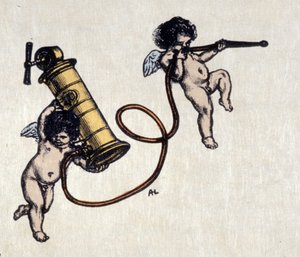 De geneugten van de clystere. Twee engelen dragen een pomp voor een klysma. Illustratie door Auguste Leroux (1871-1954) door Auguste (after) Leroux