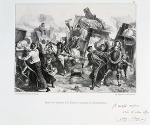 Bewoners van de buitenwijken arriveren in Parijs voordat de Pruisen de stad belegeren, 1870 1872 door Auguste Bry
