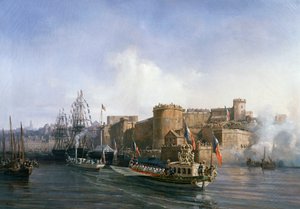 Bezoek van Napoleon III in Brest, de boot van de keizer komt de haven binnen op 11 augustus door Auguste Etienne Francois Mayer