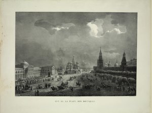 Bovenste handelsrijen op het Rode Plein in Moskou, c. 1830 door Auguste Jean Baptiste Antoine Cadolle