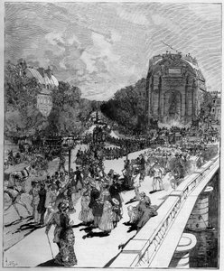 Defilé van studenten van de École Polytechnique (Monome) op de Place Saint-Michel in Parijs, 24 juni
