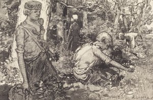 Verzameling van meiklokjes La cueillette du muguet, 1908 door Auguste Lepere