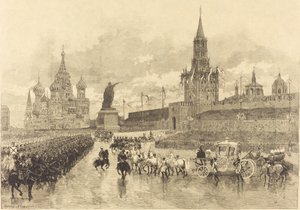 De Kroning van de Tsaar. De Keizerlijke Processie doorkruist het Koninklijk Plein, 1883