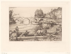 Gezicht op de Pont Marie met figuren in de Seine door Auguste Lepère (signed by artist)