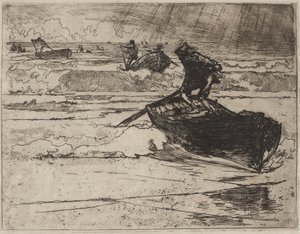 Vissers vluchten voor de storm door Auguste Louis Lepère