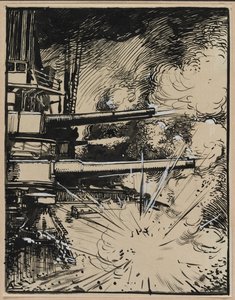 Bom ontploft op een gepantserd schip met gerichte kanonnen door Auguste Louis Lepère