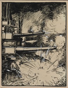 Bombe ontploft op een pantser met kanonnen gericht, 1914 door Auguste Louis Lepère